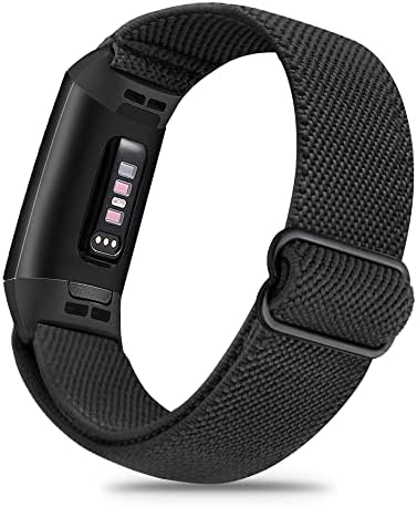 Еластичен ремък за часа Arae, Съвместим с Fitbit Charge 3 / Charge 3 SE / Charge 4, Регулируема Найлонов Взаимозаменяеми Гривна, Спортен каишка за жени и мъже - Черен