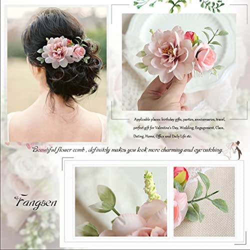 Fangsen Boho Сребърен сватбен цвете гребен, фестивален прическа, цвете прическа за булки (нежно-розов)