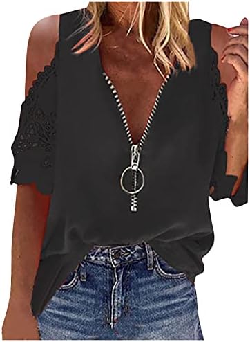 Женска Тениска с V-образно деколте с цип, Отворени рамене, Завързана деколте, Елегантен Върхове, Обикновен Блузи Свободно, Намаляване,