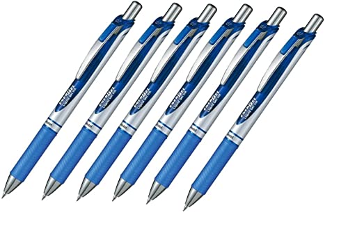Прибиращ се течна гел писалка Pentel EnerGel Deluxe RTX, средната линия 0,7 мм, метална капачка, синя, опаковка от 6
