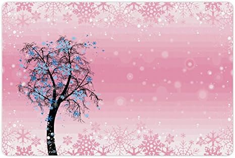Foldout Бледо-Розова Подложка за домашни за храна и вода, Коледна Елха във формата на Снежинки, със Сини Листа, Зимно Забавно изображение