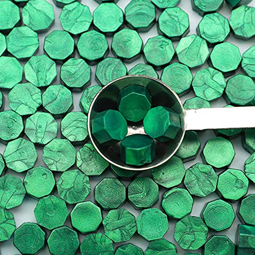 Набор от топки за сургуча SWANGSA 360 парчета Зелен Метален цвят с 2 Чаени Свещи и 1 Лъжица за топене на восък за восъчен печат Stamp (Зелен Металик)