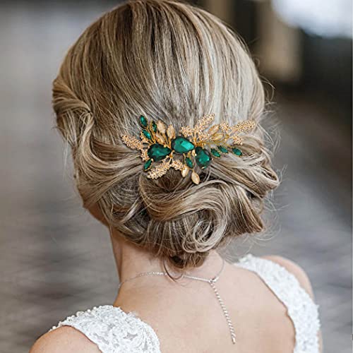 Гребени за коса на булката с зелени кристали, странични пити, златен гребен за коса, кристални сватбени аксесоари за коса за жени
