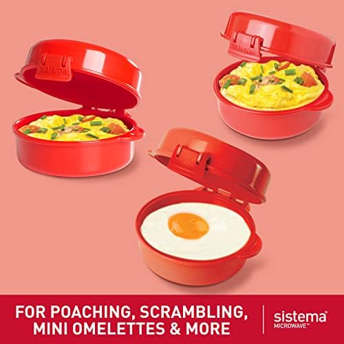 Микровълнова яйцеварка-браконьерка Sistema с пускането на двойката, Могат да се мият в съдомиялна машина, 9,16 унция, Червен